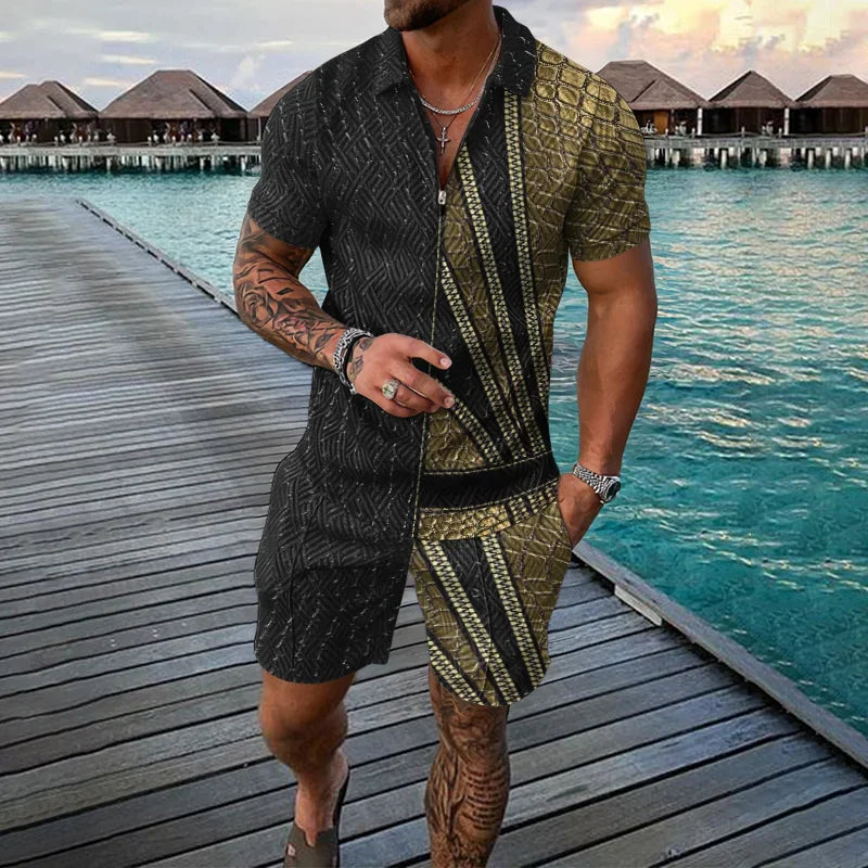 Men's Clothing Tracksuit Sets 3D Print Color Squares Pattern Casual Zipper Polo Shirt And Shorts 2pcs Sets Trend Streetwear Man