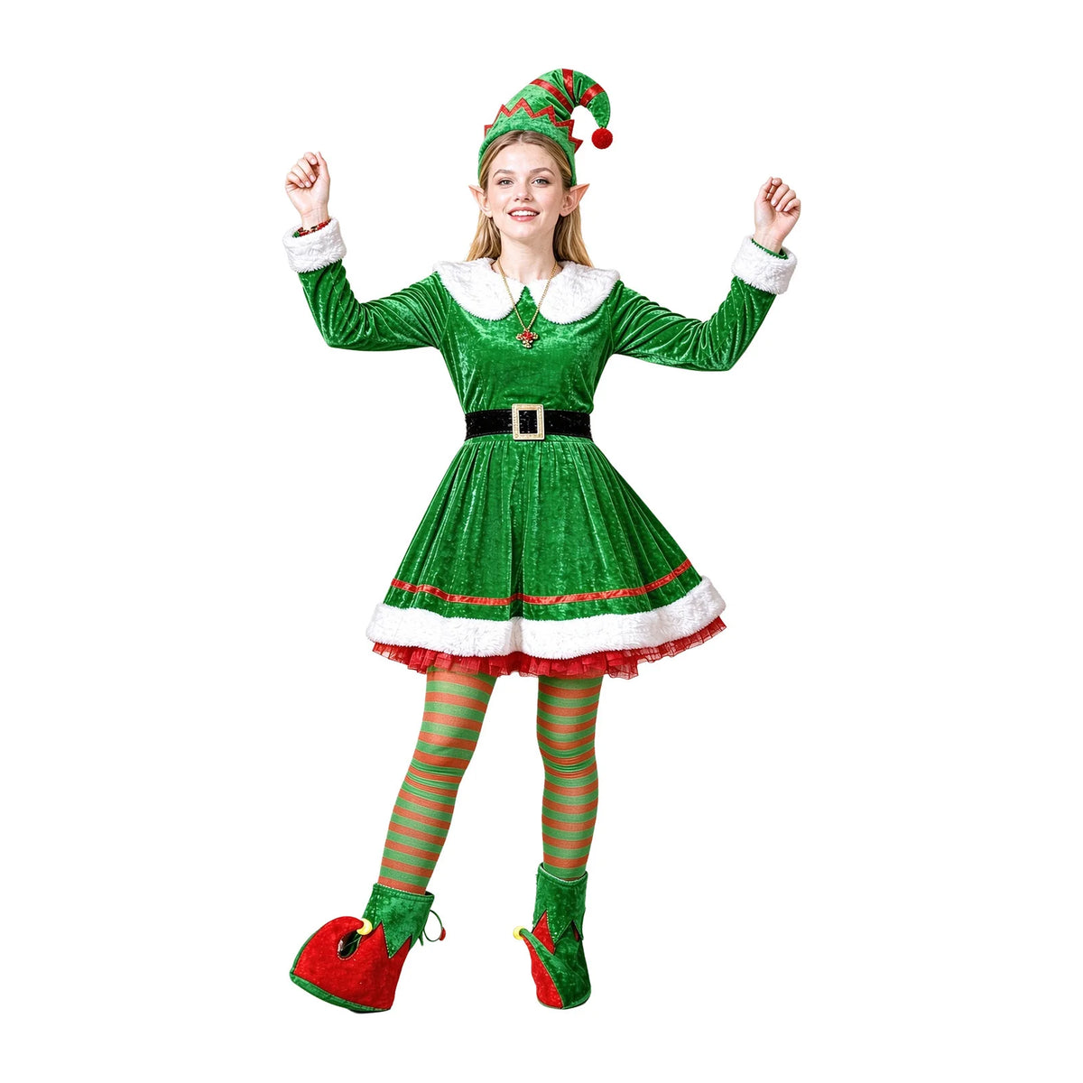 Women Green Velvet Elf Dress Xmas Santa Helper Cosplay Costume Elf Cosplay Outfit for Christmas Carnival Fancy Dress Party