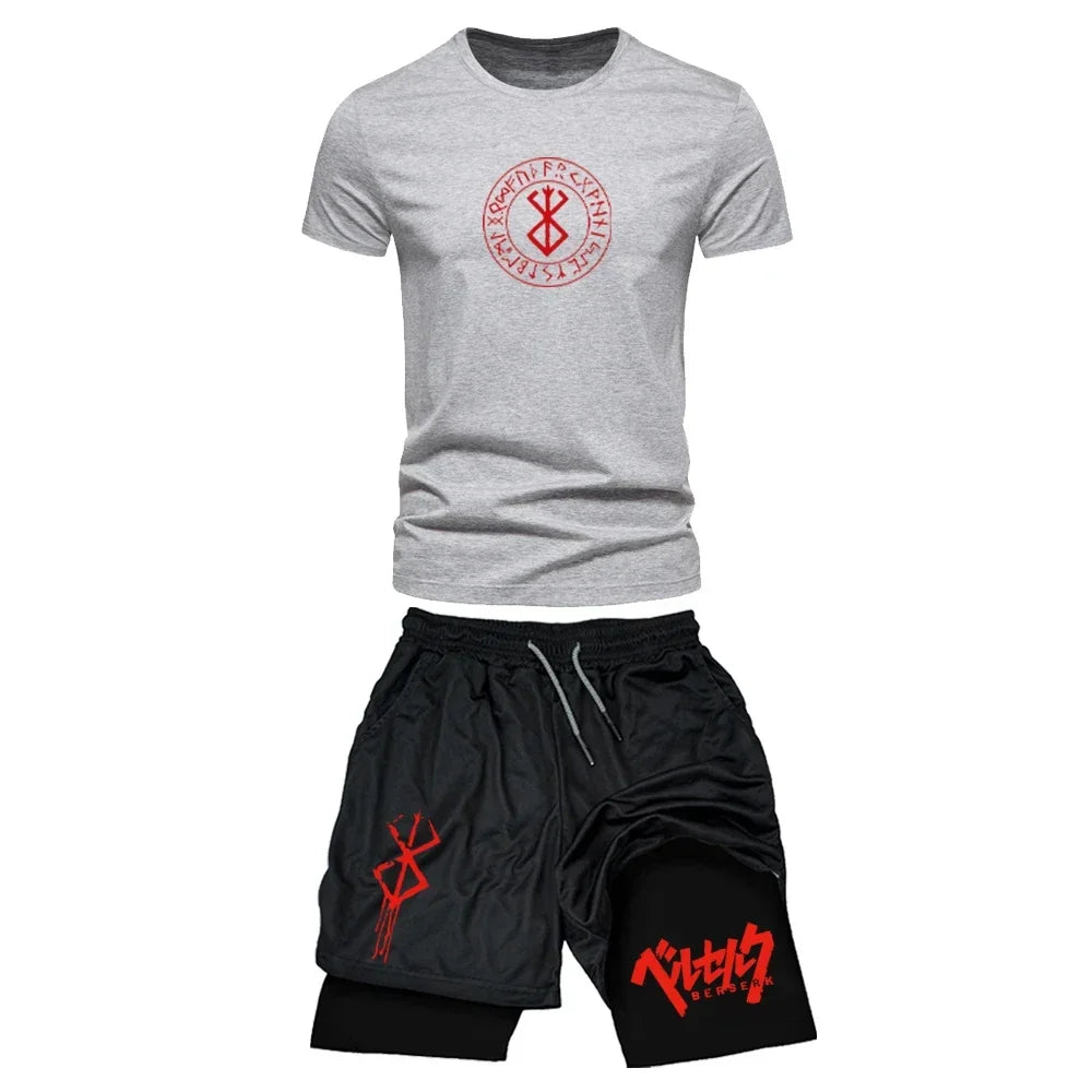 Men's Sports Streetwear Summer Breathable Casual T-shirt Set Outdoor Fitness 2-in-1 Compression Shorts Workout Track Clothes