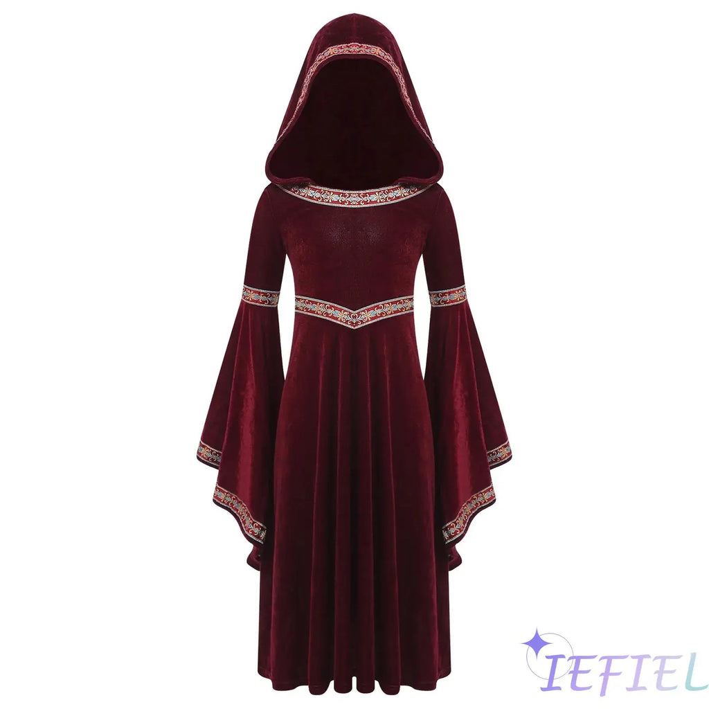 Girls Enchanting Medieval Princess Gown with Embroidered Velvet Trim And Trumpet Sleeves Dress for Halloween Cosplay Events