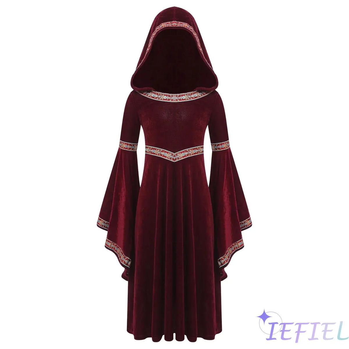Girls Enchanting Medieval Princess Gown with Embroidered Velvet Trim And Trumpet Sleeves Dress for Halloween Cosplay Events