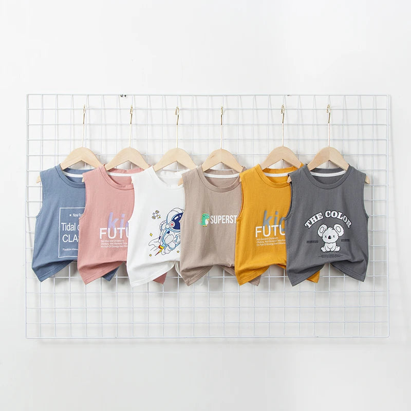 Children's Summer T-shirts Boys Girls Vests Sleeveless Cartoon Tee Tops 100% Cotton Comfortable Kids T-shirt Clothes Fashion New