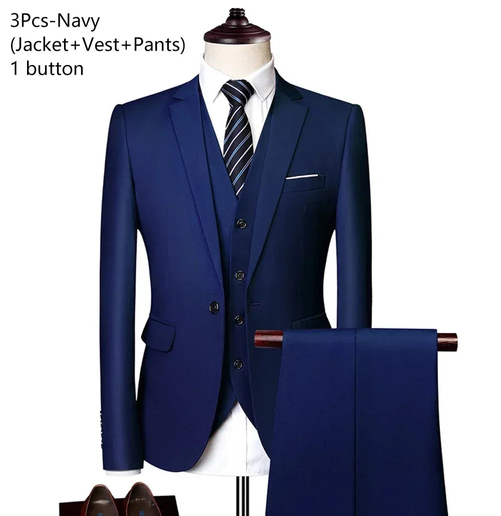Elegant Suits For Men 3 Pieces 2 Set Fashion Classic Casual Full Jackets Vest Pants Blazers Outfit 2026 Formal Costume