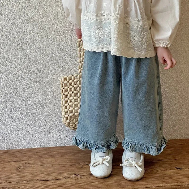 Kids Jeans Girls New 2024 Spring  Autumn Childrens Fashion Casual Wide-leg Pants Lace Princess Sweet and Lovely