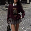 Zekye Winter Women's Sweater Clothing Bear Embroidery Round Neck Slim Fit Sweater Cartoon College Style Knitted Oversized Y2k