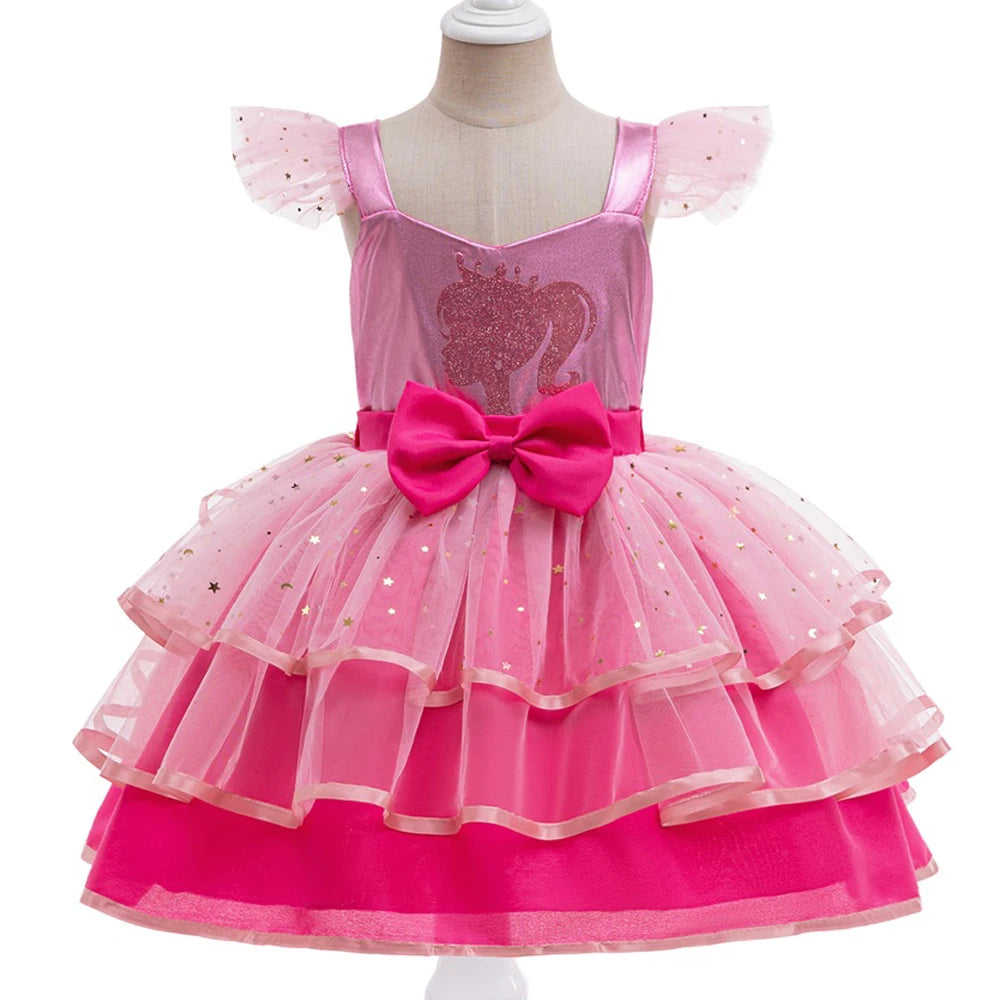 Elegant Party Wedding Girls Dress Elegant Bow Layered Birthday Dresses for Girl Hot Pink Summer Children Christmas Prom Costume