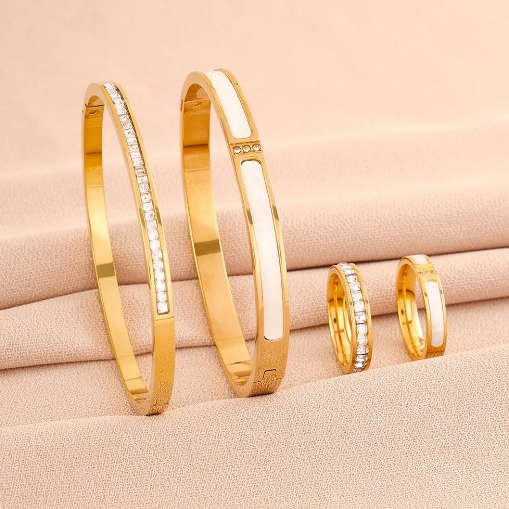 Stainless Steel CZ White Shell Jewelry Set Women Baguette Zircon Cuff Bangle Ring Waterproof Stackable Finger Wrist Jewelry