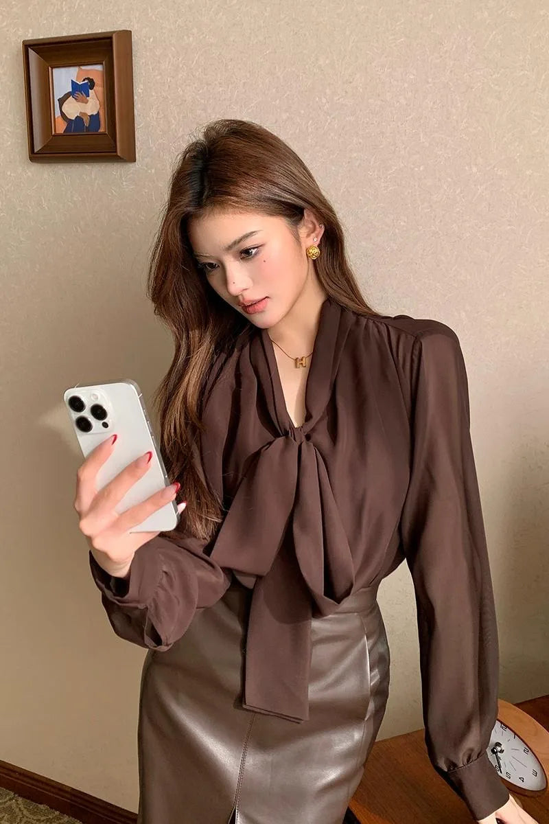 Damenblusen fürs Büro, einfarbige Vintage-Shirts, modische lockere Frühlings-/Herbstmode, V-Ausschnitt mit Schleife, Langarm-Chiffonoberteile für Damen