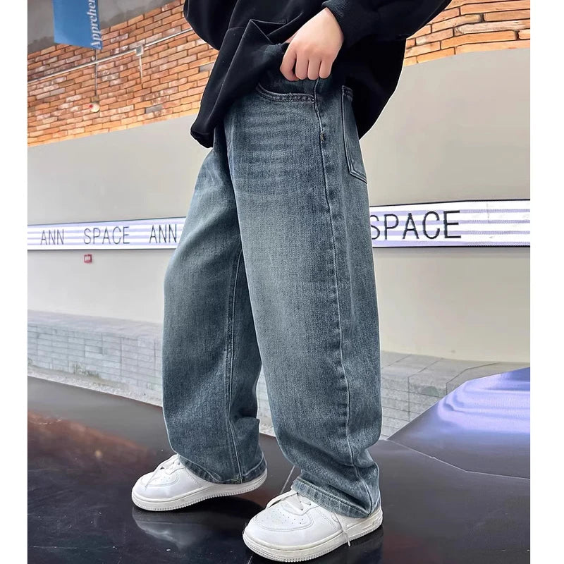 5-14Y Boys Jeans Pants Spring Kids Wide Leg Straight Trousers Autumn Loose-Fit Casual Trousers Children's Trendy Sweatpants