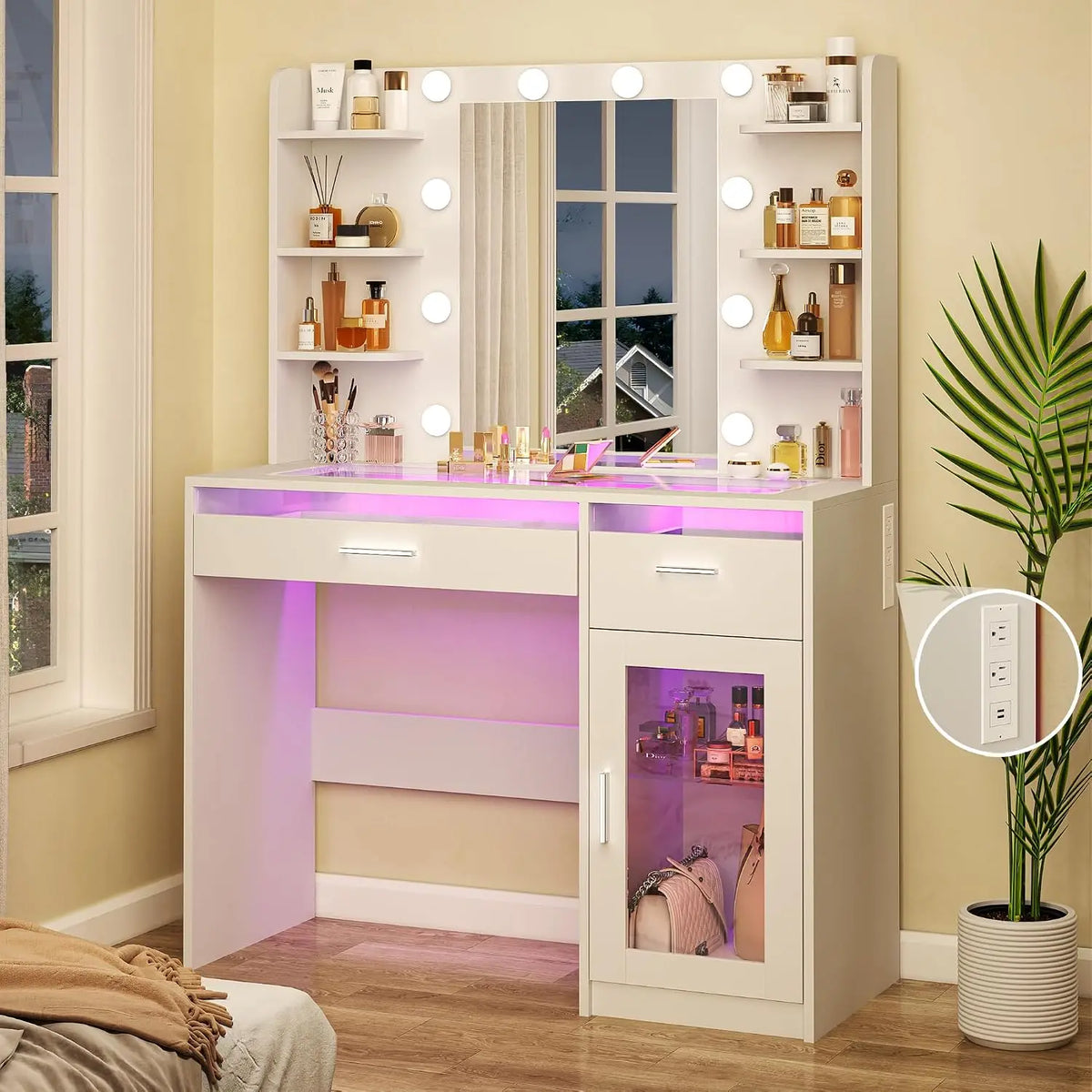 Makeup Vanity Desk with Mirror and Lights 3 Colors, Transparent Top with 3 RGB Drawers, 6 Shelves, Customized