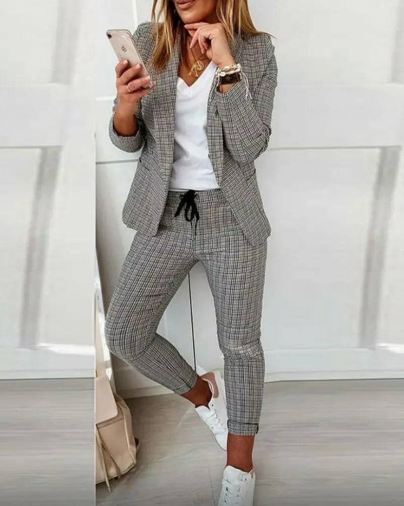 Two Piece Set Women Outfit Office Ladies 2023 Autumn Plaid Print Long Sleeve Elegant Blazer Coats & Drawstring Work Pants Set
