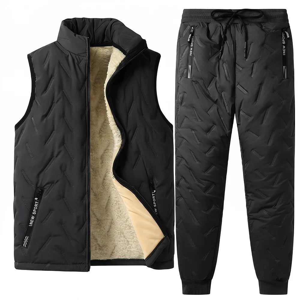 Winter Men Thermal Tracksuit 3Pcs Set, Fleece Lined Warm Quilted Coat Sleeveless Vest Elastic Waist Pants, Windproof Casual Spor