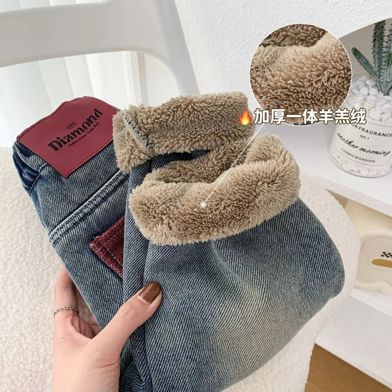 Kids Warm Jeans Children Winter Thick Plush Comfortable Fashion Trousers Boys Versatile Pants Girls Outdoor Thermal Trend Pants