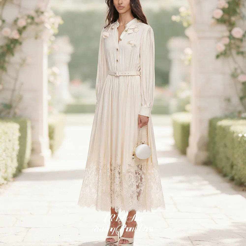 French Style Elegant Evening Dresses for Women Stand Collar Long Sleeve Floral Appliques Waist Belt Lace Hem Midi Party Dress