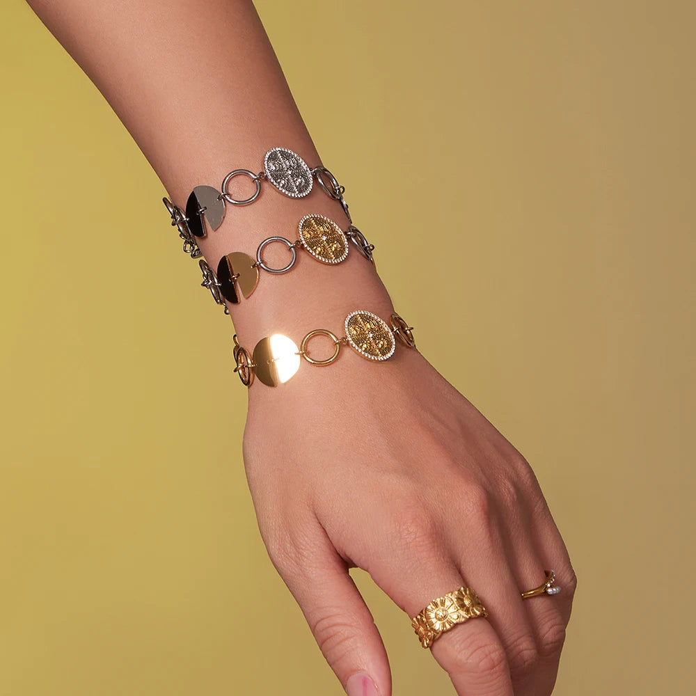 316 Stainless Steel Gold-Plated Large Circular Chain Necklace Choker Women's Shiny Round Zircon Golden Bracelet Jewelry Set