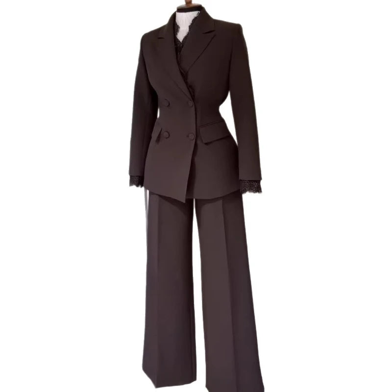 Women 2 Piece Suit Sets Lapel Full Sleeve Blazers Buttons Straight Long Pants Slim Fit Ensemble Work Evening Formal Lace Splice