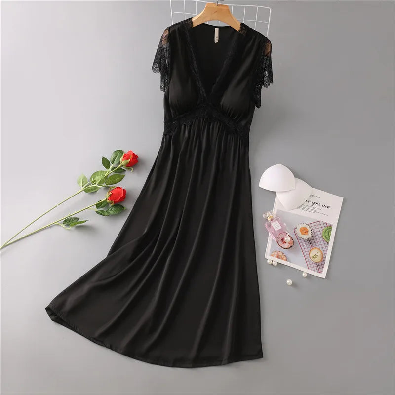 Sexy Nightdress for Women Summer Spring Home Dress V-Neck Nightgown Lace Sleeve Sleepwear Long Intimate Lingerie Nightwear