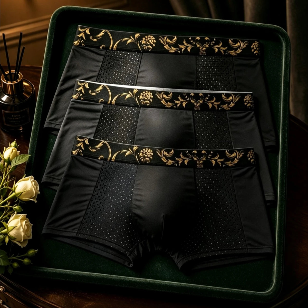 Men Boxer Briefs Luxury Golden Floral Printed Waistband Mesh Breathable Soft Smooth Underwear Men Daily Casual Wear 1/3Pcs Set