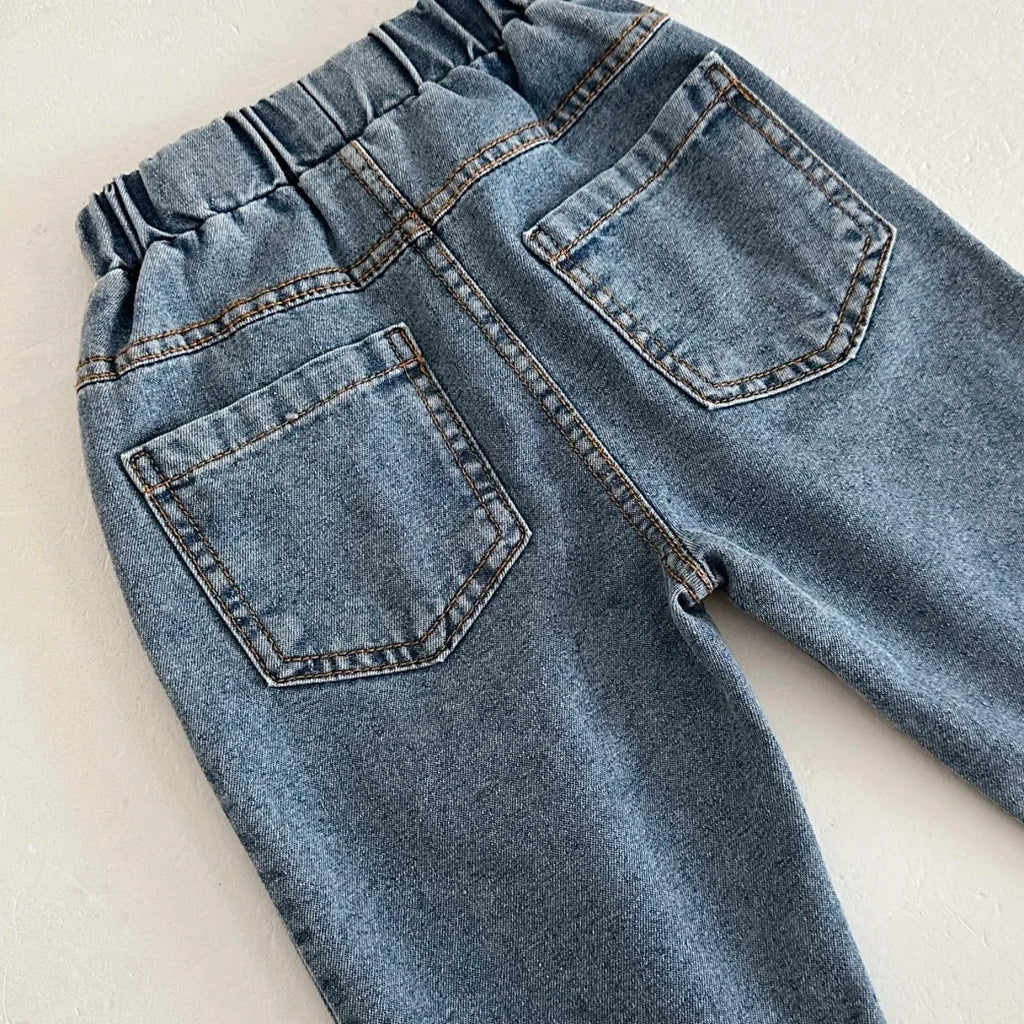 Baby Denim Pants For Toddler Boy Girl, Elastic Waistband Loose Straight Leg Jeans, Kids Casual Daily Wear Trousers