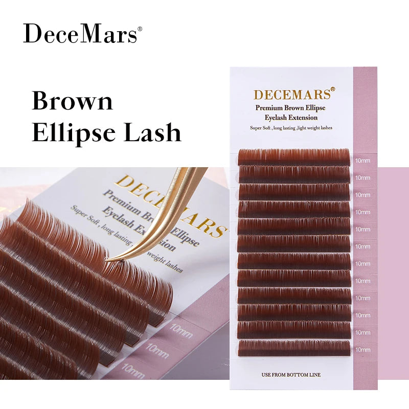 DeceMars Brown Matte Ellipse Flat Eyelash Extension - Lightweight Individual Lashes with Soft Tips for Natural Native