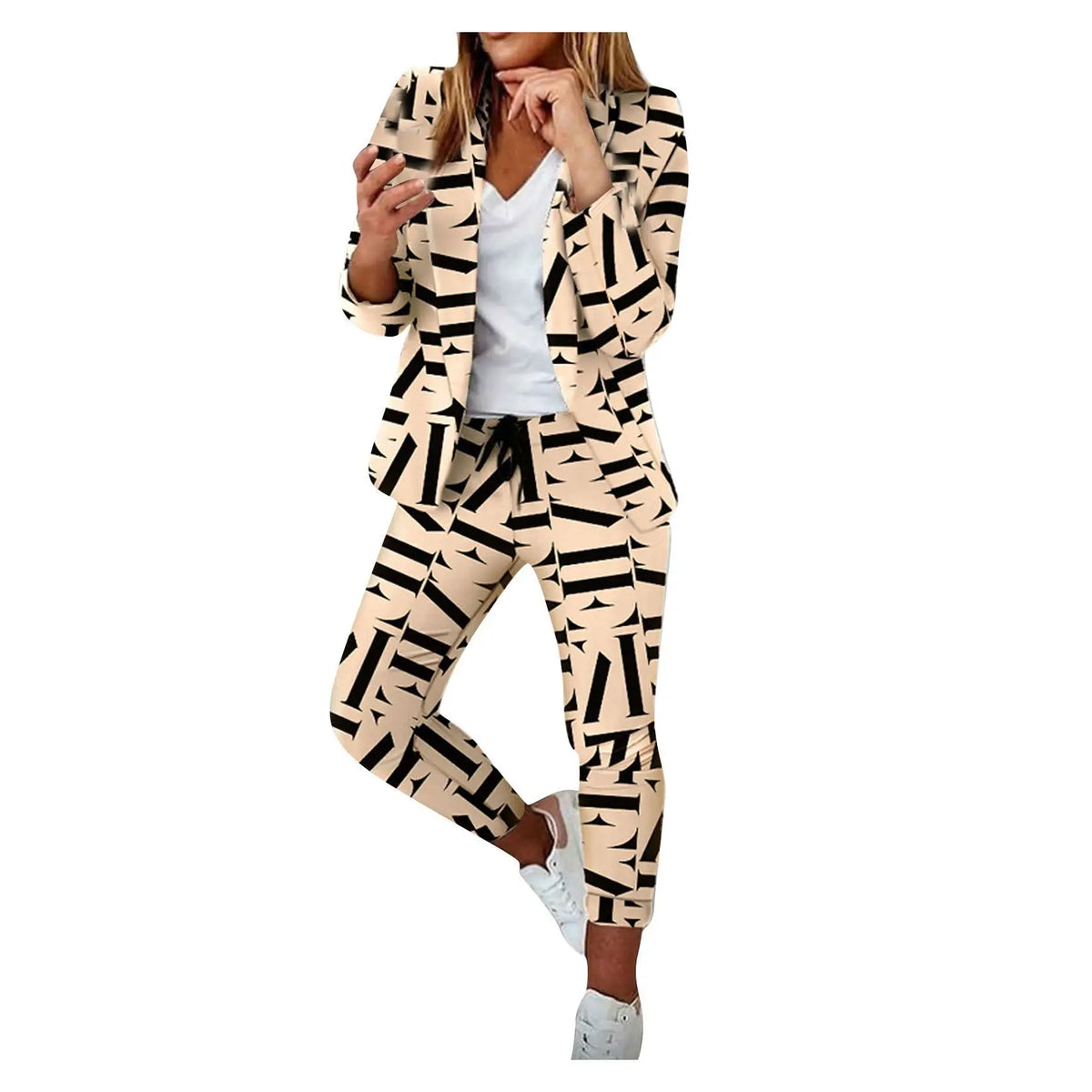 Two Piece Set Women Outfit Office Ladies 2023 Autumn Plaid Print Long Sleeve Elegant Blazer Coats & Drawstring Work Pants Set