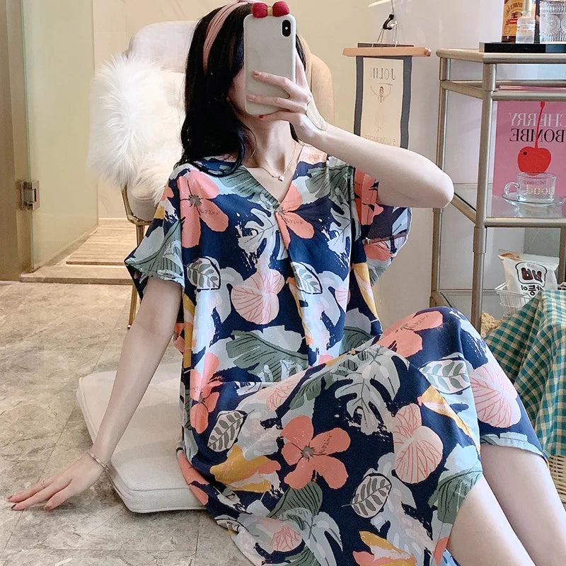 Night Dress Women Nightgowns Lace Sleepwear Floral Print Nightwear Women's Home Clothing Sleepwear Female Sexy Lingerie Gown