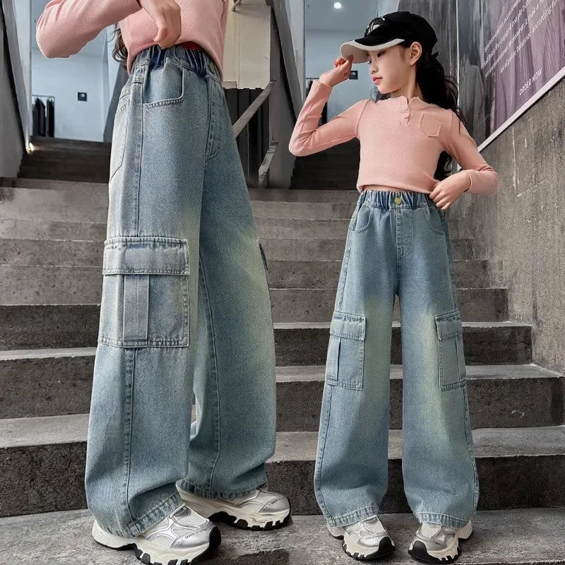Girls Cargo Jeans Kids Wide-legged Denim Pants Teenagers Fashion Streetwear Loose Trousers Children Casual Clothes 5-12Y