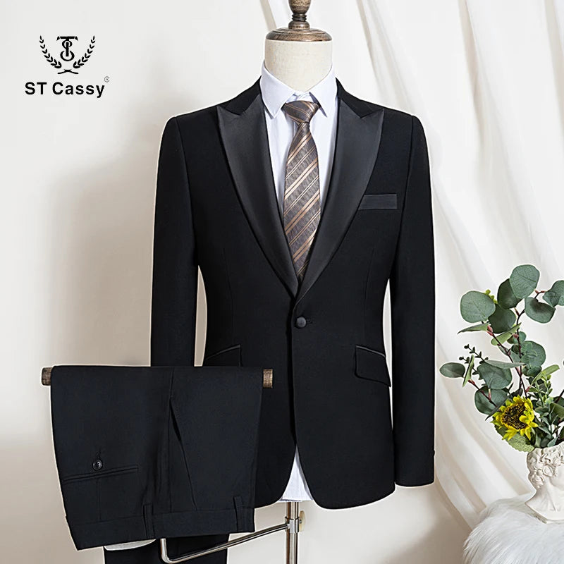 Men's Suit 2-Piece Black Slim Fit Business Casual Suit Set Wedding Groom Suit Banquet Formal Dress Office Black Party Tuxedo