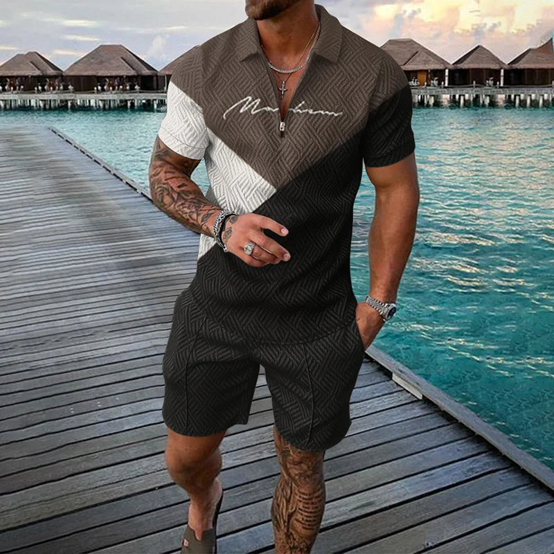 Men's Clothing Tracksuit Sets 3D Print Color Squares Pattern Casual Zipper Polo Shirt And Shorts 2pcs Sets Trend Streetwear Man
