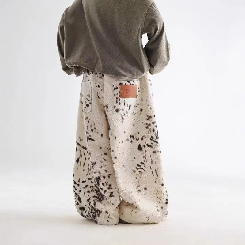 Korean Style  Boys Jeans Spring Autumn Kids Apricot Leopard Print Casual Wide Leg Pants Children Versatile Trousers 3-11Y