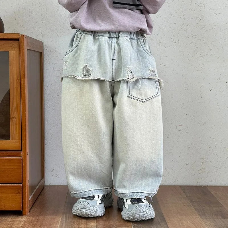 Boys' Jeans New Spring Outfit, Stylish Baby Pants, Children's Straight Leg Pants, Korean Loose Children's Clothing