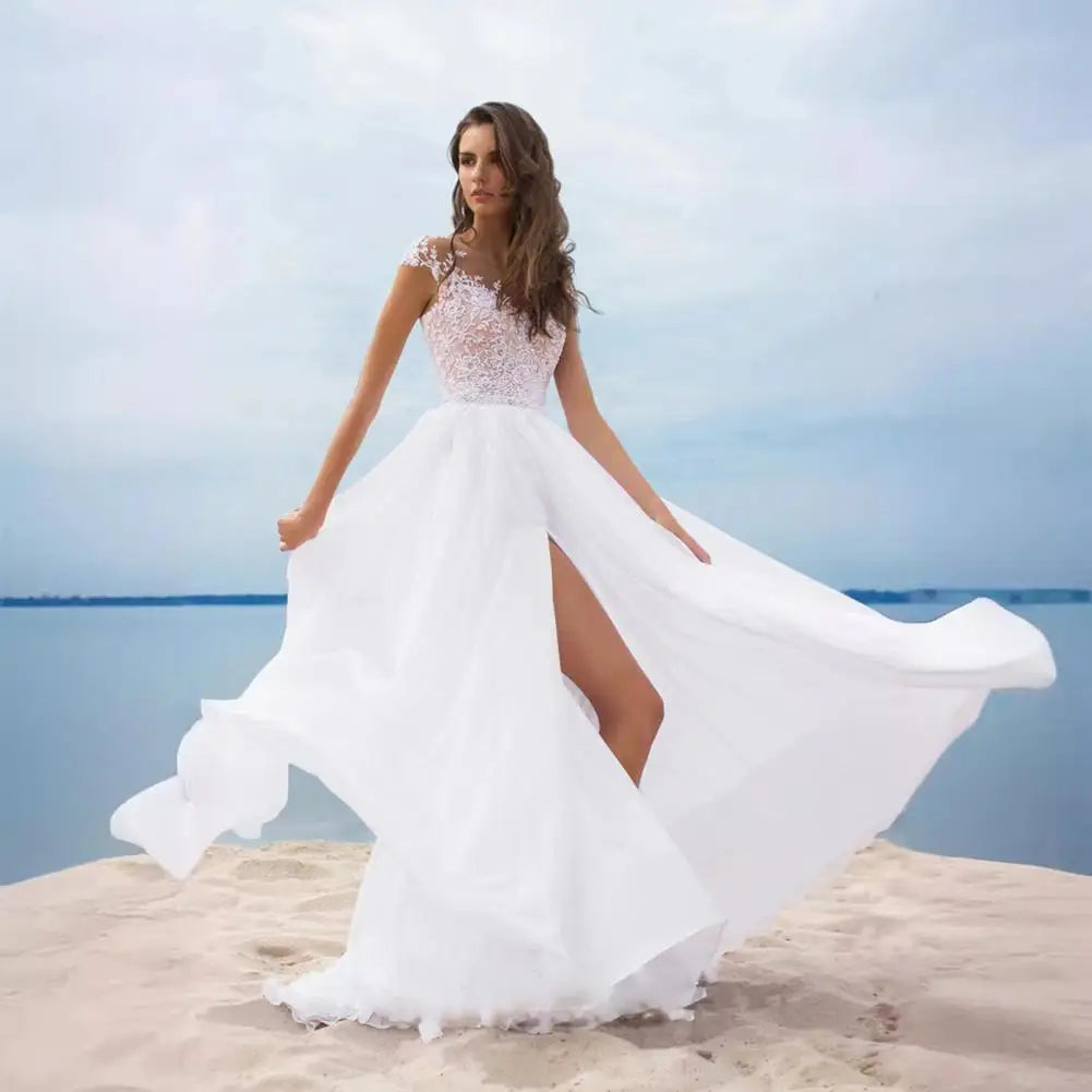 Elegant Evening Gown for Women Elegant Lace V-neck Wedding Dress for Bride Chiffon Evening Gown with Slit Boho Beach for Prom
