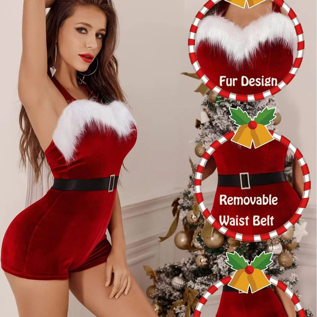 Red Velvet Dress Christmas Outfits for Women Christmas Santa Claus Uniform Cosplay Xmas Sexy Lingerie Underwear New Year Costume