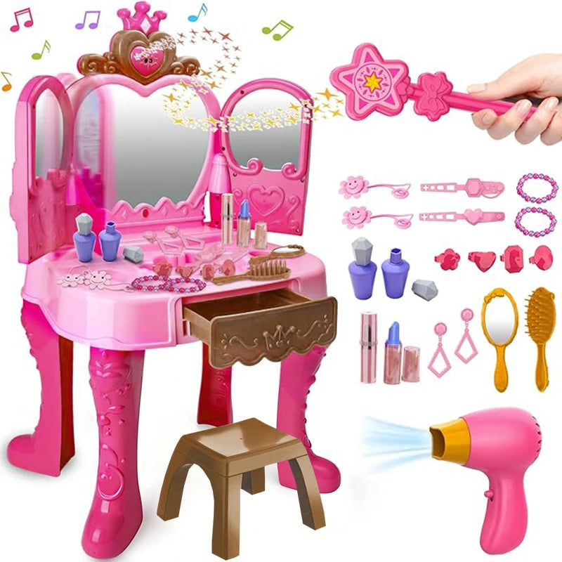 Princess Vanity Table Playset Kids Induction Open Beauty Dresser with Light and Music Pretend Makeup Hair Styling Toy for Girls