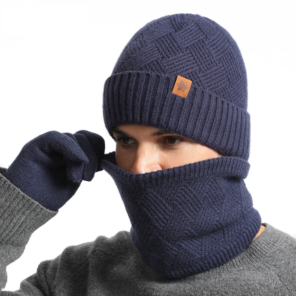 Men Winter Beanie Neck Gaiter Gloves 3-Piece Set Stretchy Thermal Fleece Outdoor Soft Knit Hat Neck Warmer Gloves Set Daily Wear