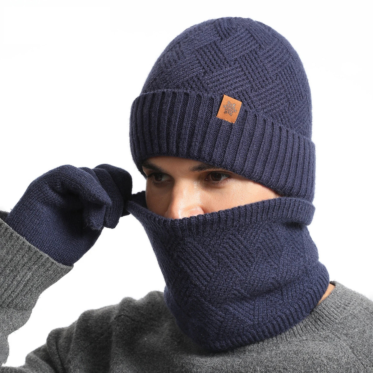 Men Winter Beanie Neck Gaiter Gloves 3-Piece Set Stretchy Thermal Fleece Outdoor Soft Knit Hat Neck Warmer Gloves Set Daily Wear