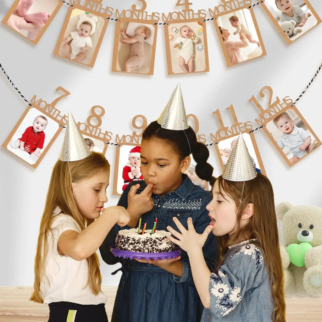 Baby First Birthday Banner, kraft Paper Growth Record 1-12 Month Photo Props Baby Boy Girl Party Decoration Supplies
