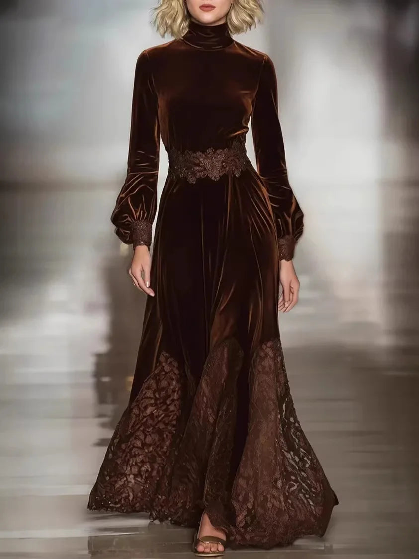 2026 Elegant Velvet Dress for Women Spring Autumn Vintage Solid Turtleneck Lace Hem Long Dress High Waist A-line Evening Dresses