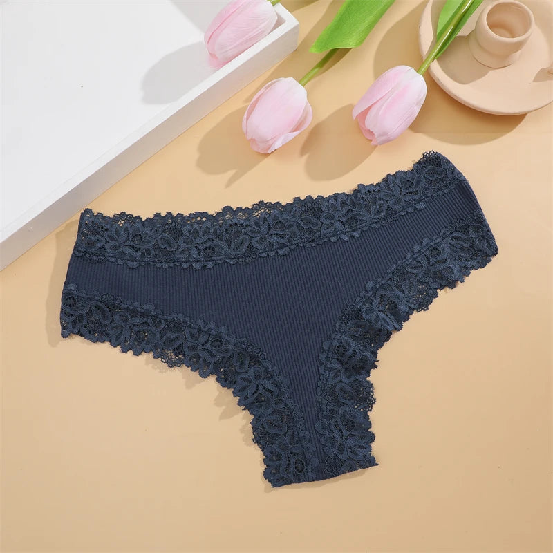 Women Cotton Panties Sexy Floral Lace Breathable Underwear Girls Ribbed Low-Waist Briefs Comfortable Bikini Solid Color Lingerie