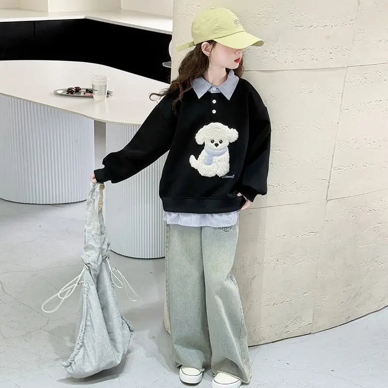 Sweatshirt Girls' 2025 New Faux Two-Piece Polo Hoodie Spring/Autumn Kids Medium-Large Loose Fit Cartoon Puppy Top