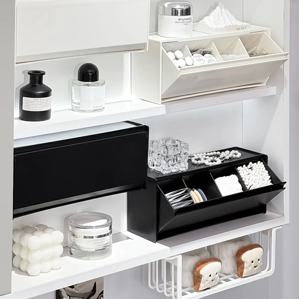 Bathroom Organizer Wall Mounted Storage Box No Drill Adhesive Shelf Flip Top Compartment Space Saving Home Storage Solution