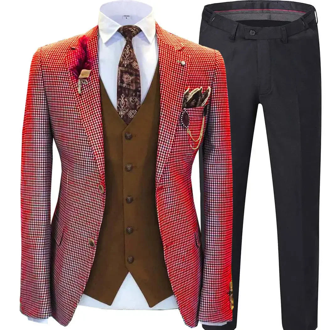 Men wedding Suits Prom Tuxedos Wool Blend Plaid Slim fit Vintage Checked Suit Groomsmen For Wedding (Blazer+Vest+Pants)