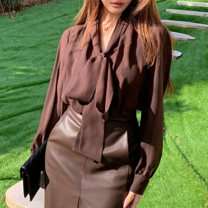 Office Lady Women's Blouses Solid Vintage Shirts Fashion Loose Spring/Autumn Clothing V-neck Bow Long Sleeved Chiffon Women Tops