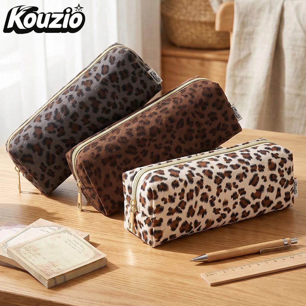 Vintage Leopard Print Suede Pencil Case, Aesthetic School Stationery Bag for Students - KOUZIO