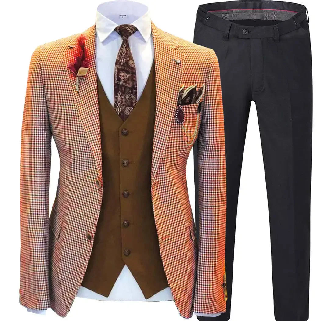 Men wedding Suits Prom Tuxedos Wool Blend Plaid Slim fit Vintage Checked Suit Groomsmen For Wedding (Blazer+Vest+Pants)