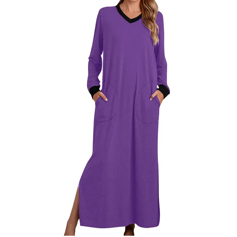 Women's Nightgowns V-Neck Long Sleeve Pajamas with Pocket Solid Color Long Dresses Sleepshirts for Women Soft Nightwear Robes