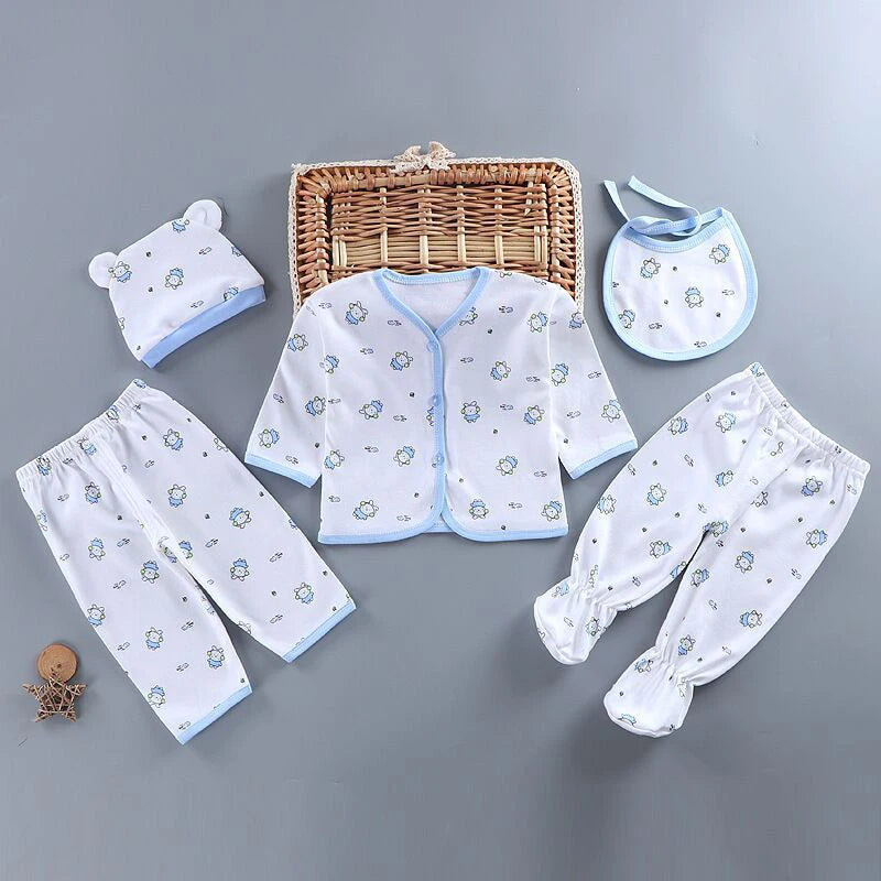 5Pcs/Set Newborn Baby Girl Clothes Set Cotton Soft Underwear Infant Boy Outfit Children Girl Top+2Pant+Bib+Hat Toddler Clothing