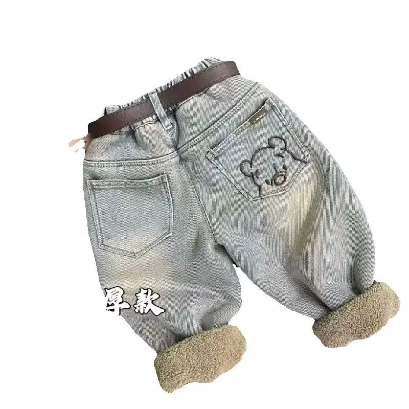 Kids Velvet Jeans Winter New Boys Girls  Thick Fleece Lined Pants Children Warm Demin Pants Casual Loose Trousers 1-8 Years Old