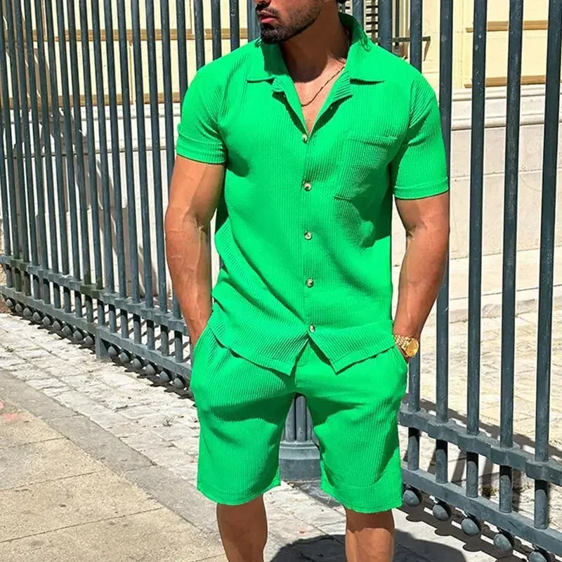 2026 Men's Summer Casual Shorts Sets Solid Mens Short Sleeve Buttoned Lapel Shirts + Shorts Sets Two Piece Streetwear Sets Male