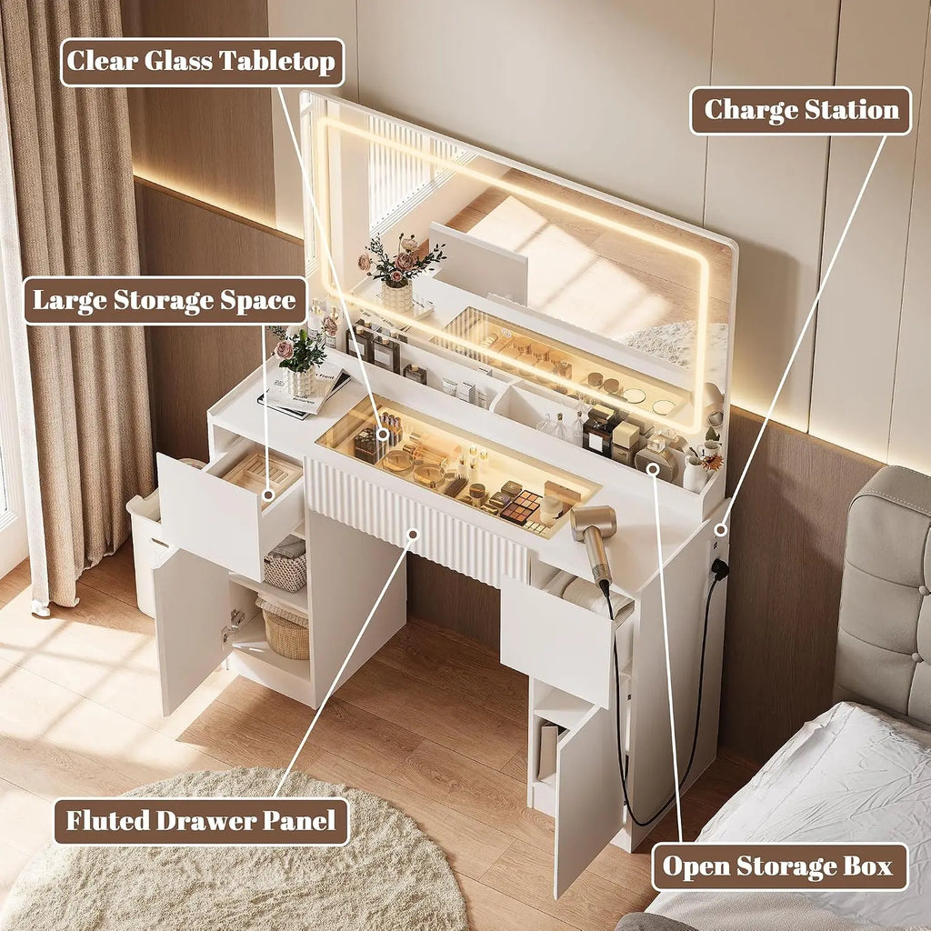 44" Vanity Desk with Large Mirror and Lights, Modern Glass Top Makeup Vanity Set with Power Outlet, 3 Drawers and 2, Custom
